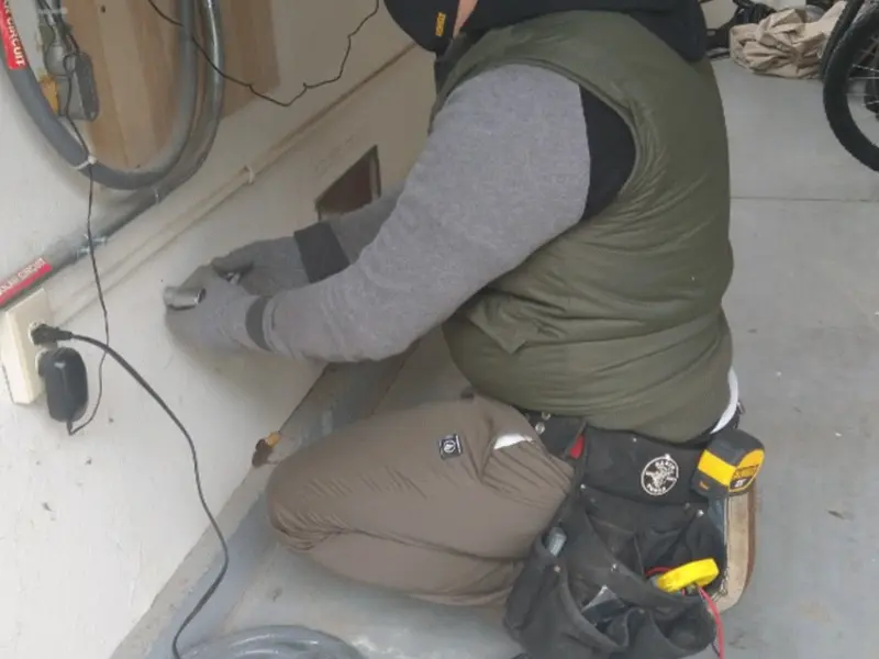 Electrician performing outlet wiring in a Lawton garage